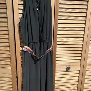 Elegant Olive Green Halter Dress with Belt Detail